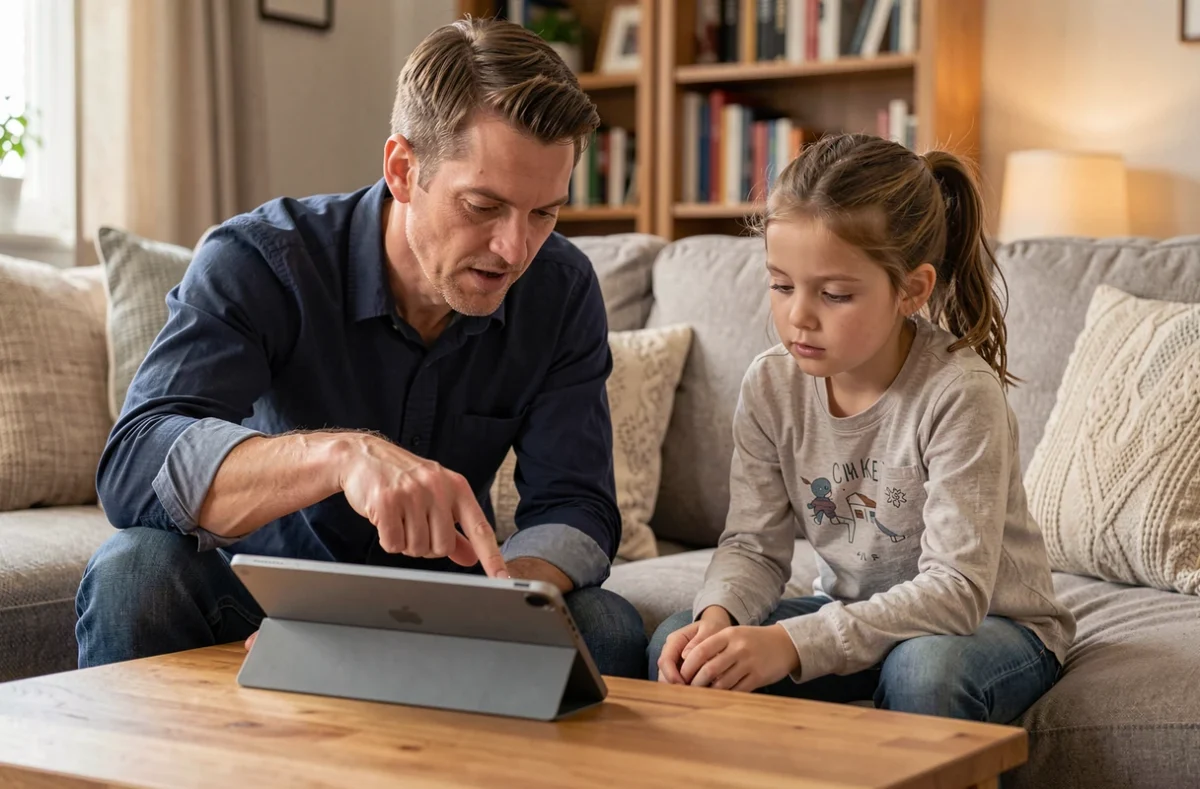 Parent expliquant les paramètres d'accès enfant sur une tablette dans un salon familial