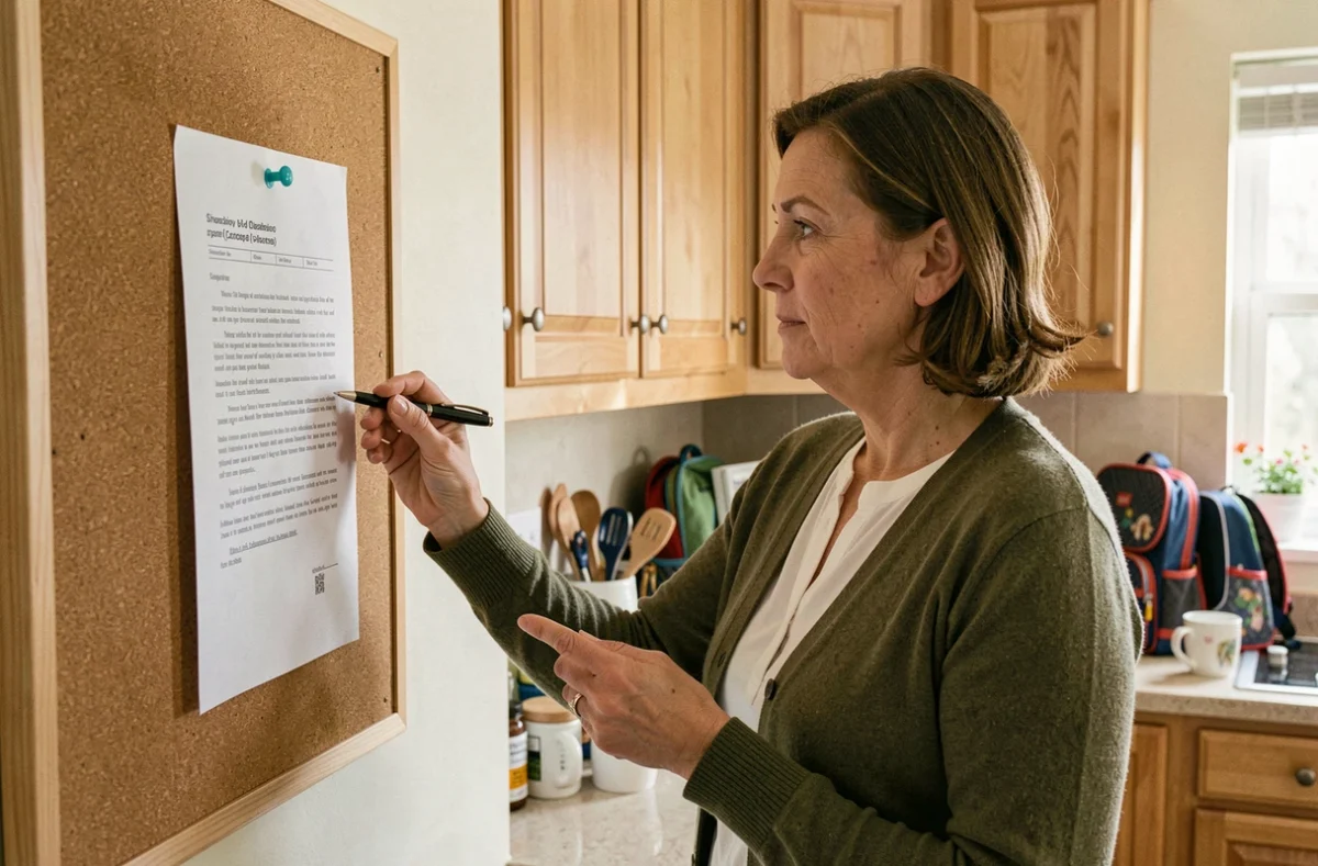 Mère de famille consultant un document de rentrée scolaire 2026 affiché sur un tableau en liège dans la cuisine