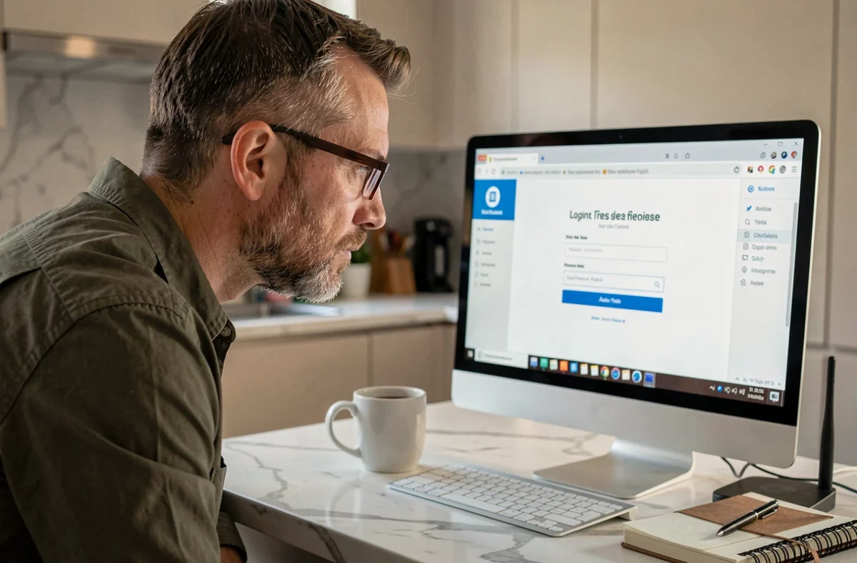 Parent configurant les réglages de connexion ENT Aisne NEO sur un ordinateur de bureau dans la cuisine