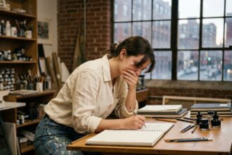 Jeune femme passionnée de dessin travaillant dans un studio d'art avec des carnets de croquis et des fournitures artistiques sur une table en bois