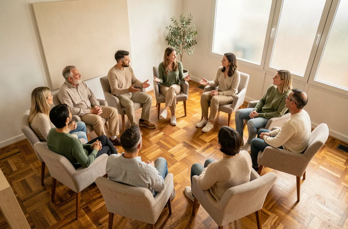 Cercle de développement personnel facilité par une formatrice dans une salle de l'organisme Personnalité et Relations Humaines Formation