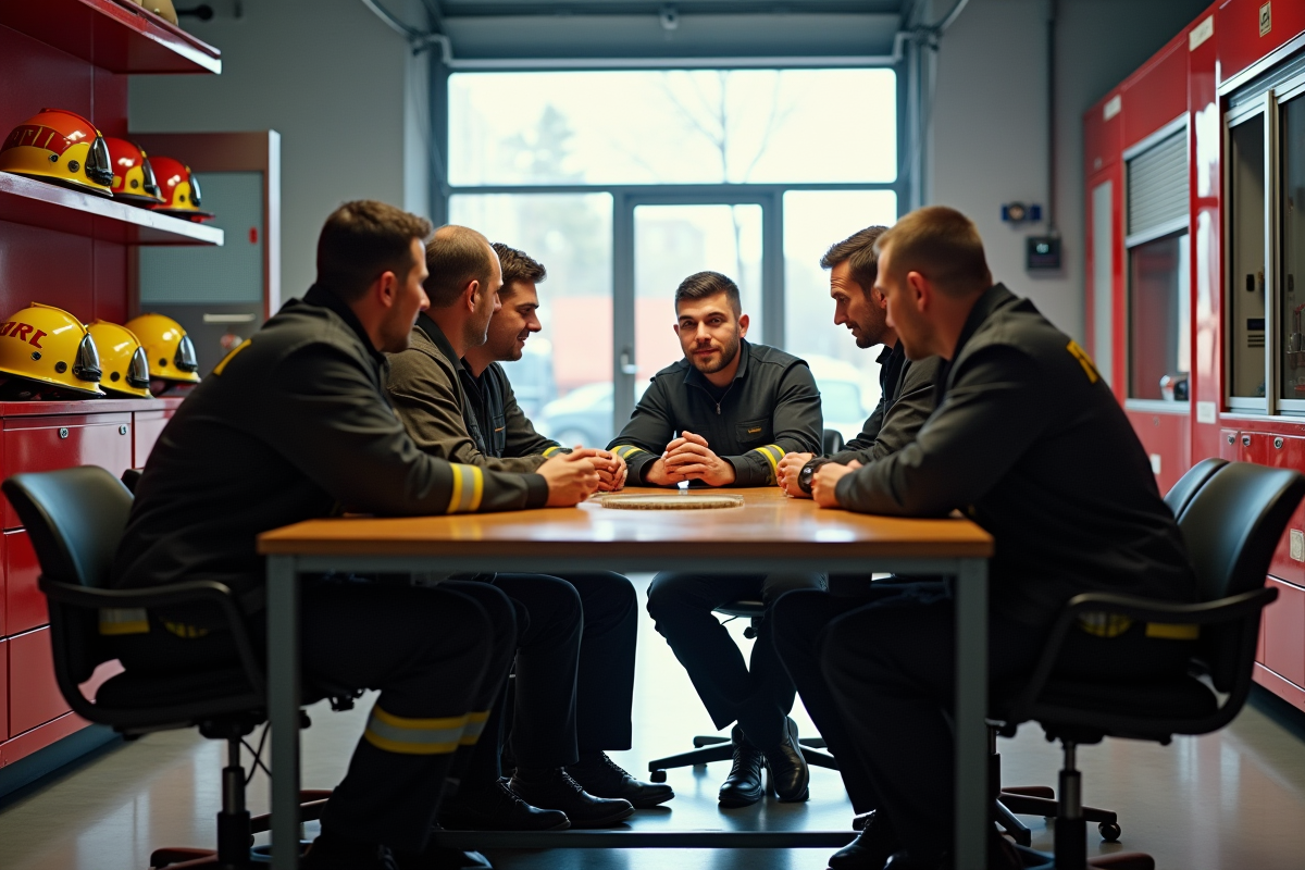 Pompiers partageant un moment de camaraderie à la caserne