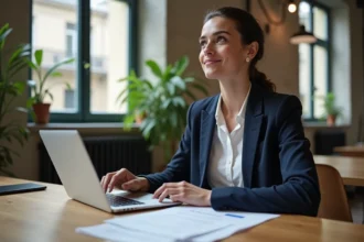 Jeune femme préparant un entretien d'alternance marketing digital dans un espace de coworking parisien moderne