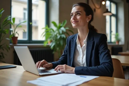 Jeune femme préparant un entretien d'alternance marketing digital dans un espace de coworking parisien moderne