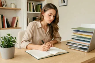 Jeune femme organisant sa rentrée scolaire 2026 avec un agenda et des dossiers sur un bureau en bois rangé