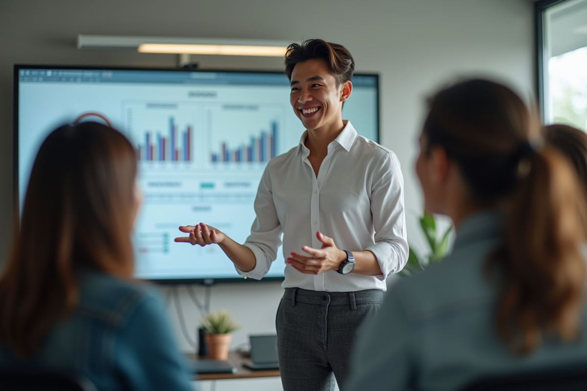 Jeune stagiaire marketing présente un projet à ses collègues