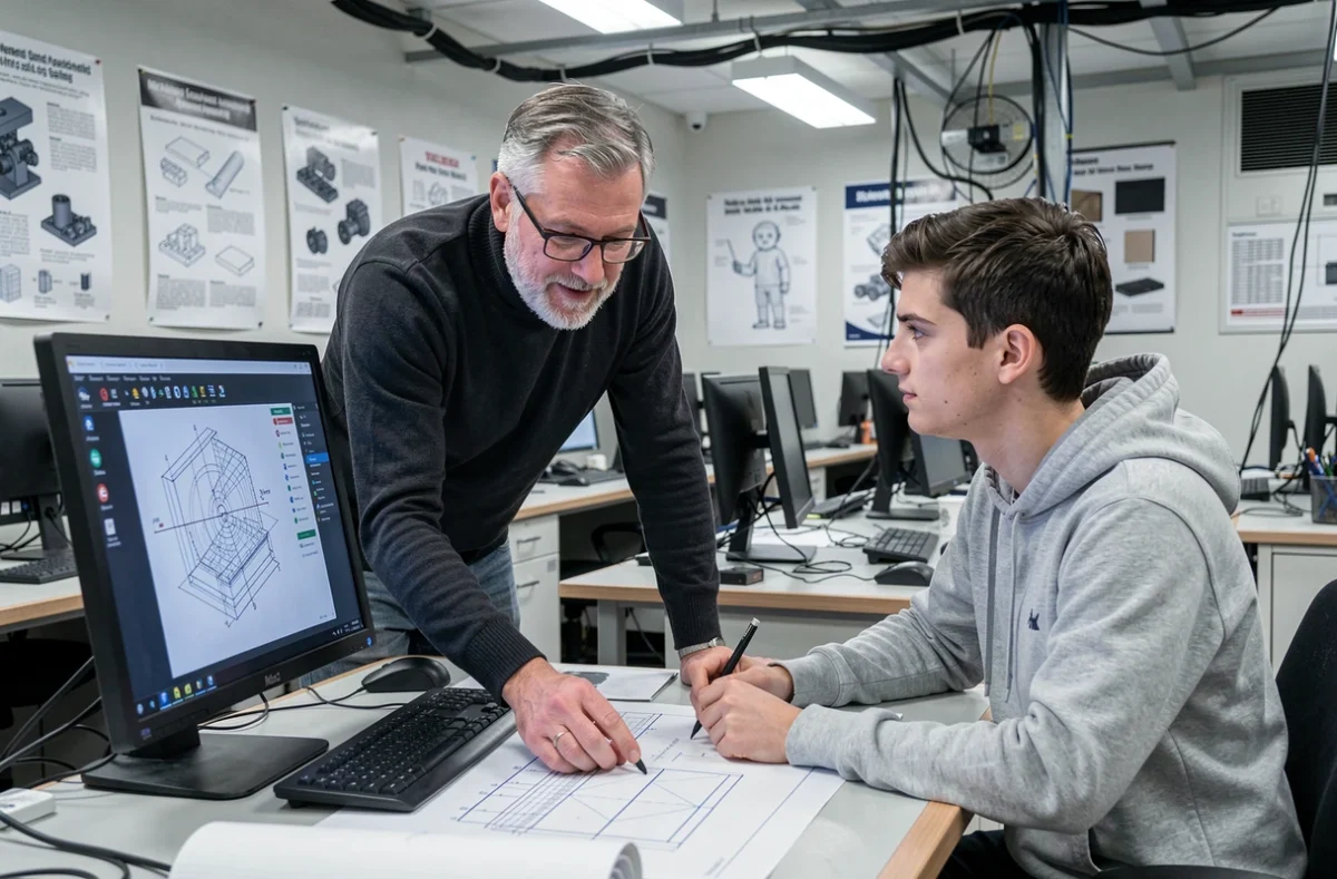 Professeur de design guidant un étudiant devant un logiciel de CAO dans un laboratoire informatique d'école spécialisée
