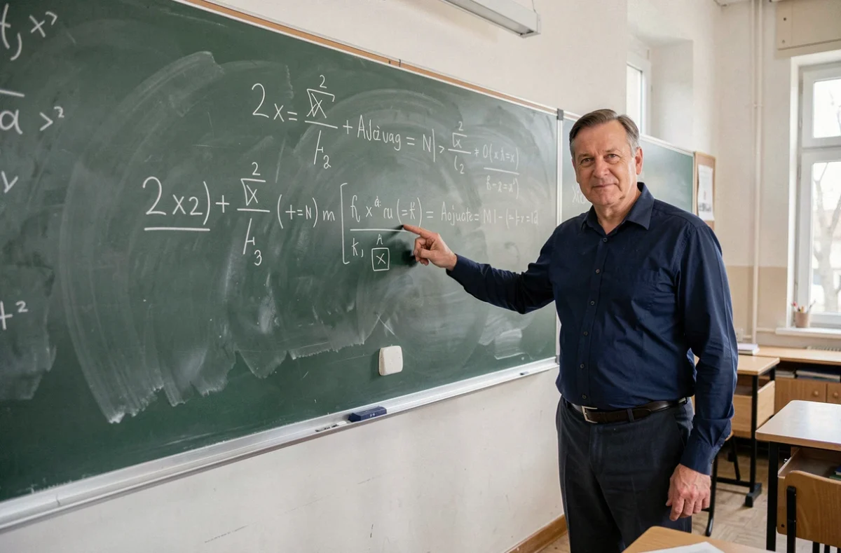 Professeur de mathématiques expliquant la méthode d'inversion d'une matrice 2x2 au tableau de classe