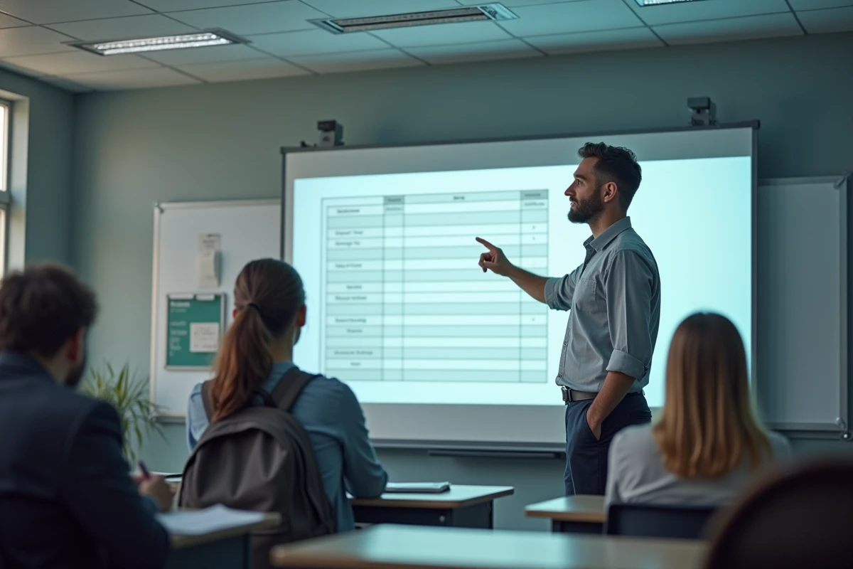 Professeur STMG expliquant un tableau de caractérisation au tableau devant une classe
