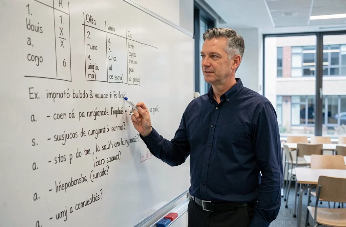 Professeur expliquant le subjonctif imparfait espagnol devant un tableau blanc avec des tableaux de conjugaison