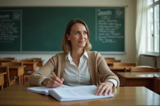 Professeure en classe avec documents et tableau