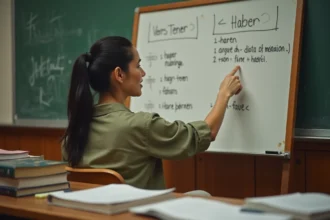 Professeure d'espagnol expliquant la conjugaison des verbes avoir tener et haber devant un tableau blanc