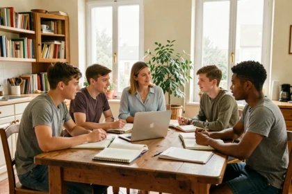 Un groupe d'élèves reçoit des cours particuliers à domicile dans les Yvelines, autour d'une table avec des livres et un ordinateur portable