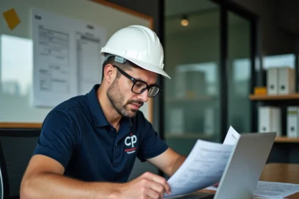 Professionnel du BTP consultant des documents de certification CPF sur un ordinateur portable dans un bureau de chantier moderne