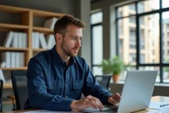 Professionnel du BTP consultant des brochures de formation sur son bureau, comparant les prix et parcours disponibles