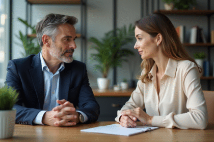 Deux professionnels en discussion dans un bureau moderne