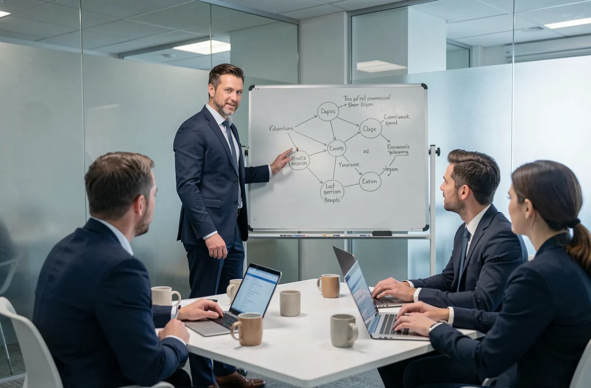 Formateur de REA Formation animant une session stratégique en petit groupe dans une salle moderne