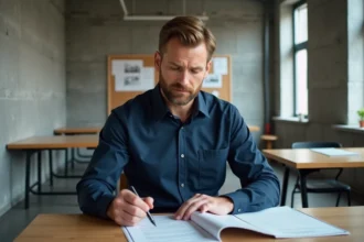 Homme en reconversion professionnelle étudiant un manuel de certification BTP dans un centre de formation
