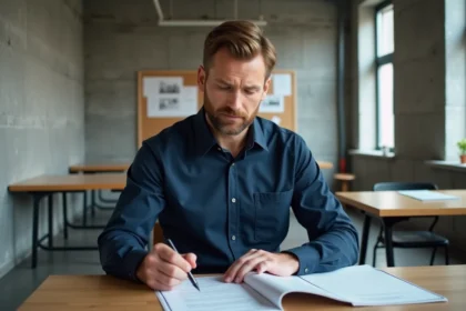 Homme en reconversion professionnelle étudiant un manuel de certification BTP dans un centre de formation
