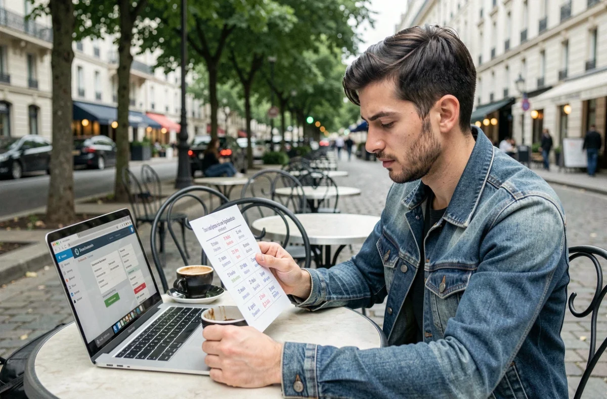 Homme adulte révisant des verbes espagnols conjugués sur une terrasse de café avec un ordinateur portable et un espresso