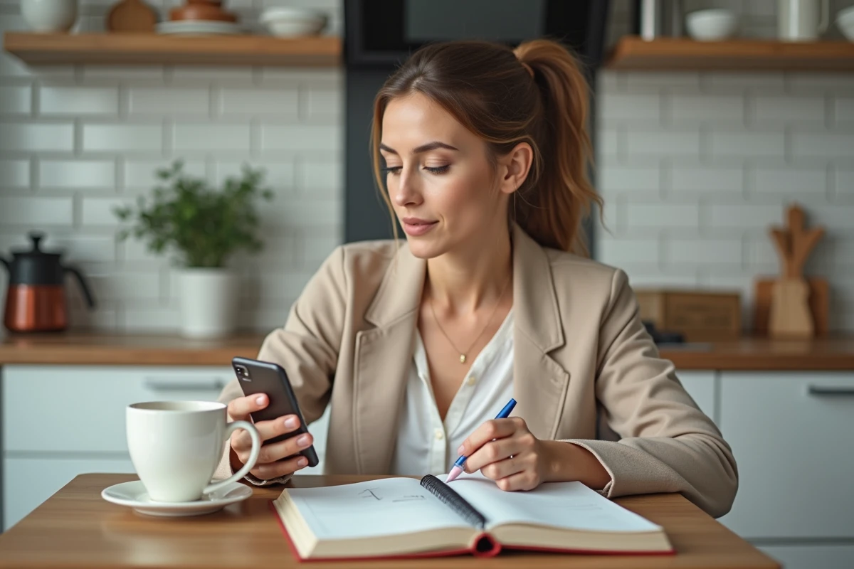 Femme révisant des cours de comptabilité sur smartphone depuis sa cuisine avec l'application Comptalia