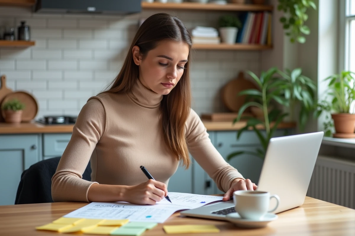 Étudiante révisant ses fiches de préparation pour un entretien d'alternance en marketing digital depuis son appartement parisien