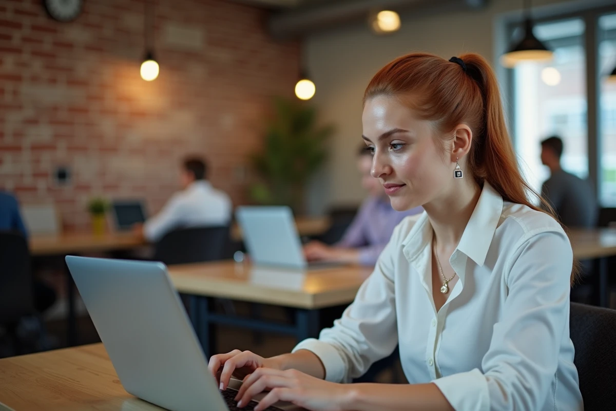 Femme utilisant Scolinfo en espace de coworking avec connexion sécurisée HTTPS visible