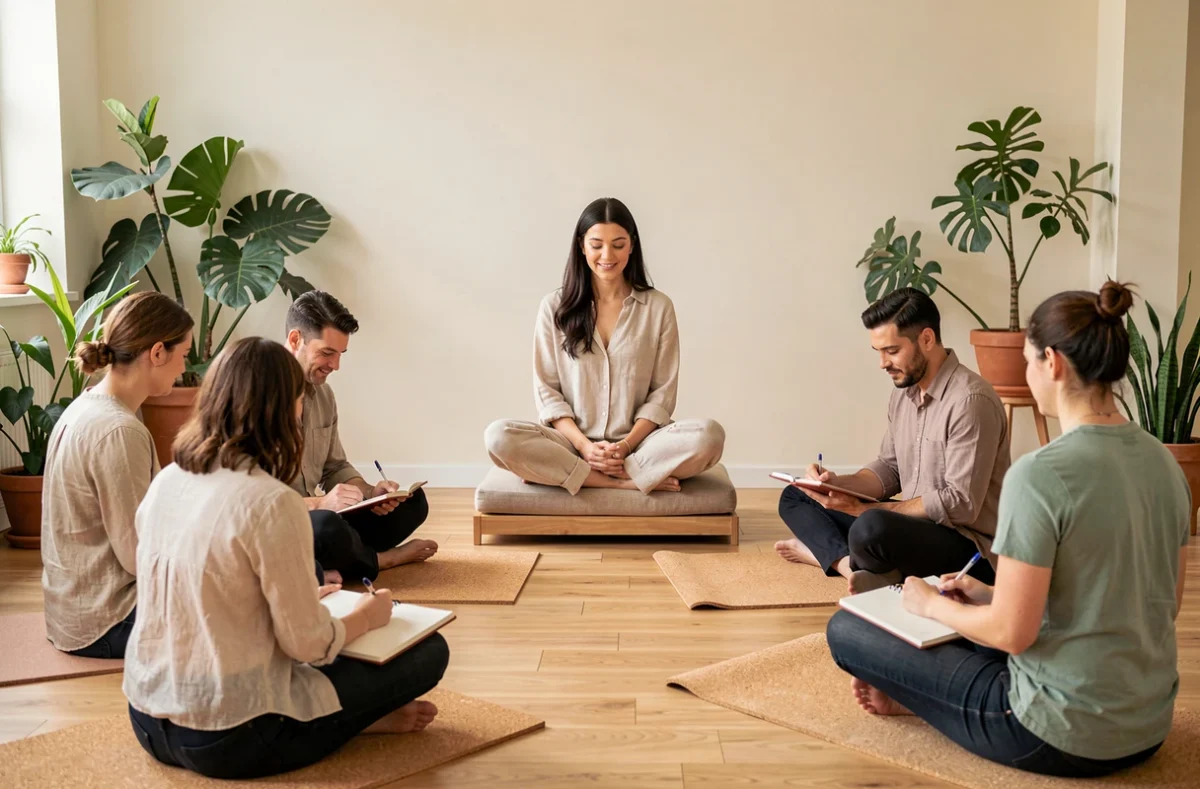 Coach de SpiriVie Formations animant un atelier de développement personnel dans un espace zen parisien