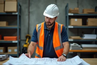 Stagiaire en formation BTP étudiant des plans architecturaux dans un atelier de centre de formation professionnelle