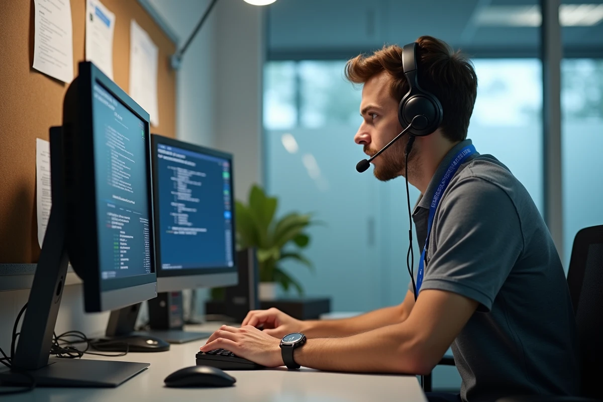 Technicien du support informatique universitaire analysant un problème de connexion ENT sur ses écrans