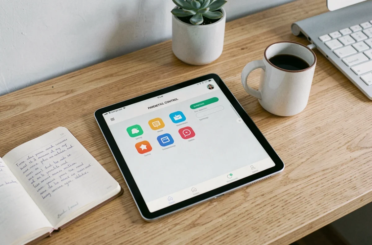 Tablette affichant une interface de contrôle parental posée sur un bureau avec un carnet de notes