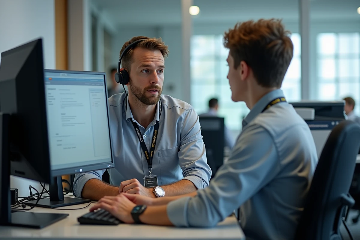 Technicien informatique universitaire aidant un étudiant à résoudre un problème de connexion à l'ENT au bureau d'assistance