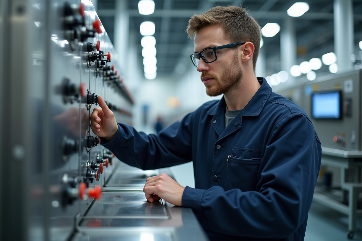 Jeune technicien ajustant des machines en usine hightech