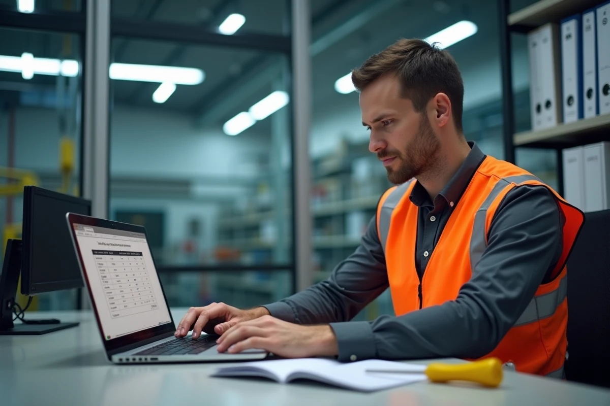 Technicien consultant les résultats d'une évaluation d'habilitation électrique sur ordinateur dans un bureau de chantier